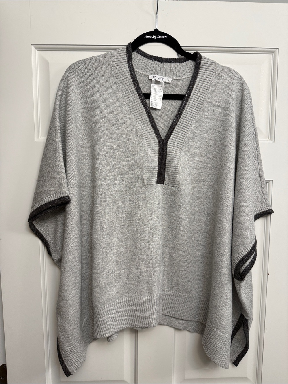 Chico's Light Gray Knit V-Neck Poncho with Dark Trim